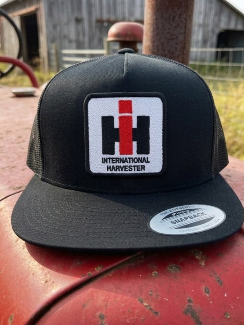 International Harvester Hat IH Patch Sewn Yupoong Black Flat Bill Trucker Caps